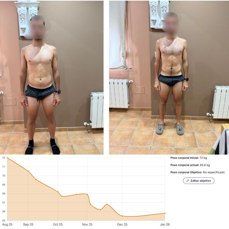 Antes y después: 72 → 65,8 kg · 5 meses